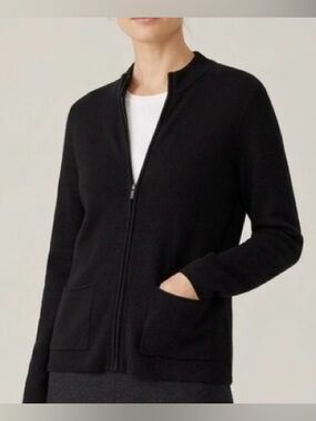 Eileen Fisher 100% Wool Black Full Zip Cardigan Sweater Coatigan Size Large
